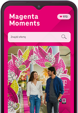 Smartphone displaying the Mój T-Mobile app on a pink background with decorative diamond-shaped patterns